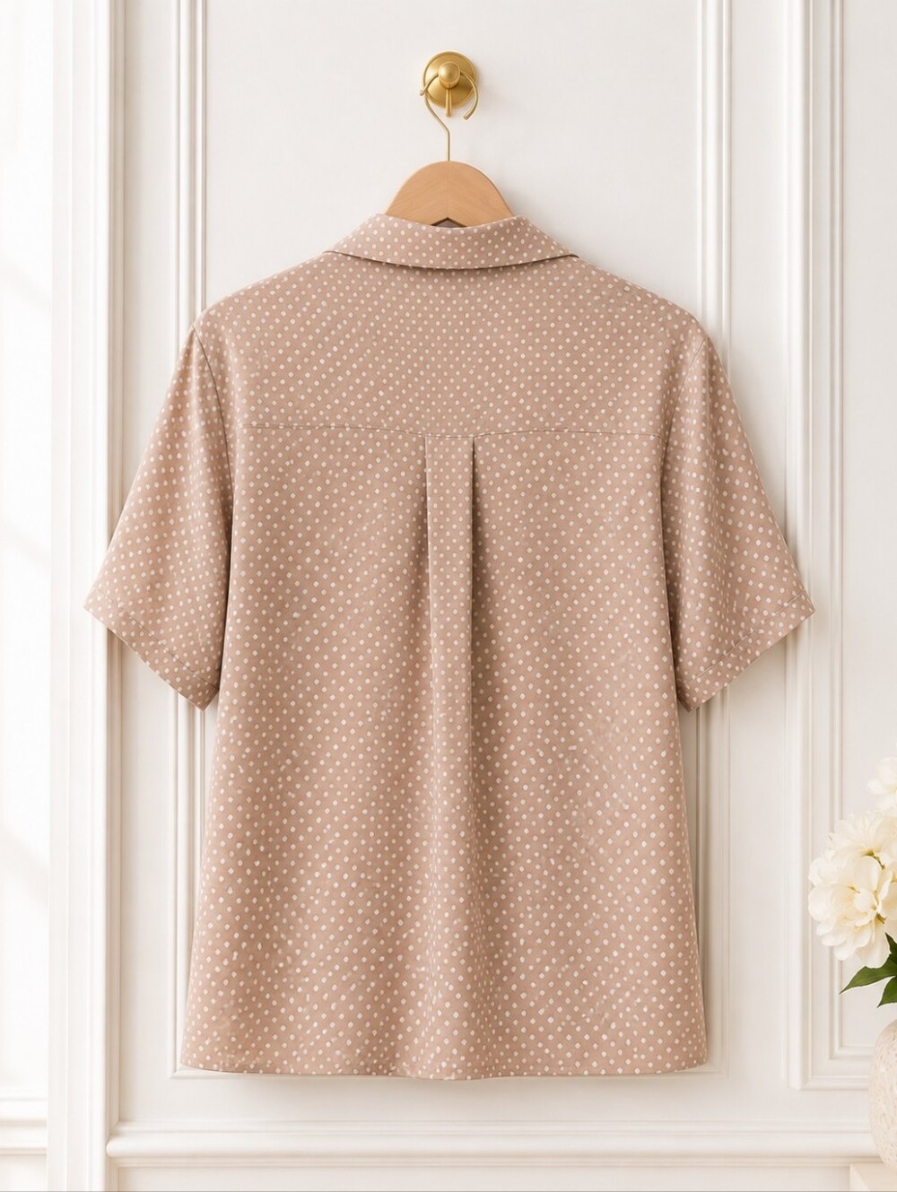 Jones New York Polka Dot Button Front Blouse Tan White Short Sleeve Size 12 - Picture 7 of 11